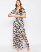 Club L Maxi Dress With Front Split In Floral Tile Print - Navy