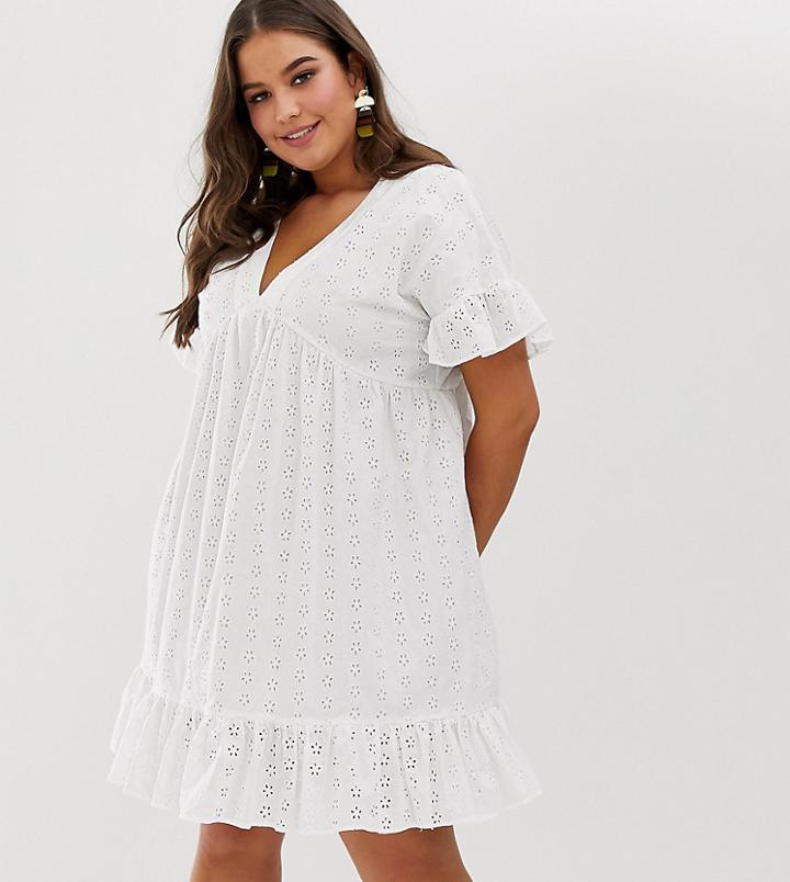 Asos Design Curve V Front V Back Smock Mini Dress With Pep Hem In Broderie-white