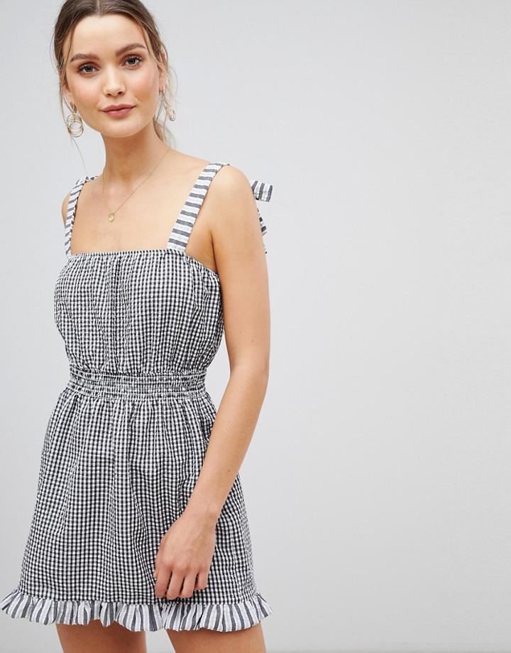 Asos Design Gingham Tie Shoulder Shirred Beach Dress - Multi