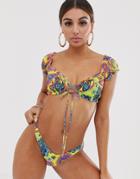 Jaded London Milkmaid Sleeve Tie Detail Bikini Top In Paisley-multi