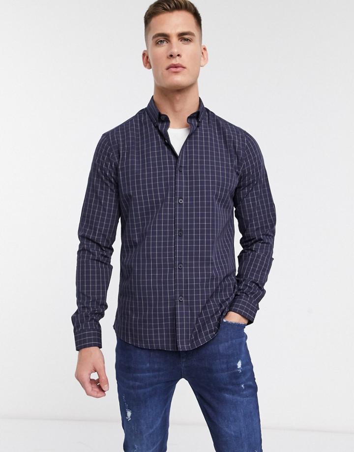 Topman Long Sleeve Shirt In Navy Check