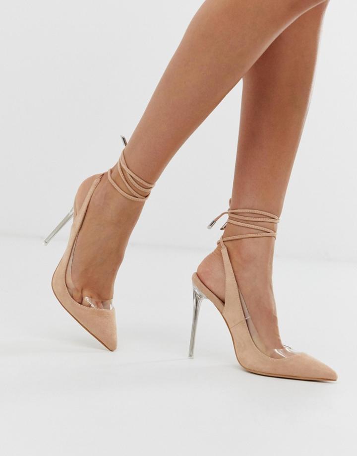 Public Desire Clarity Blush Clear Heel Ankle Tie Pumps-beige