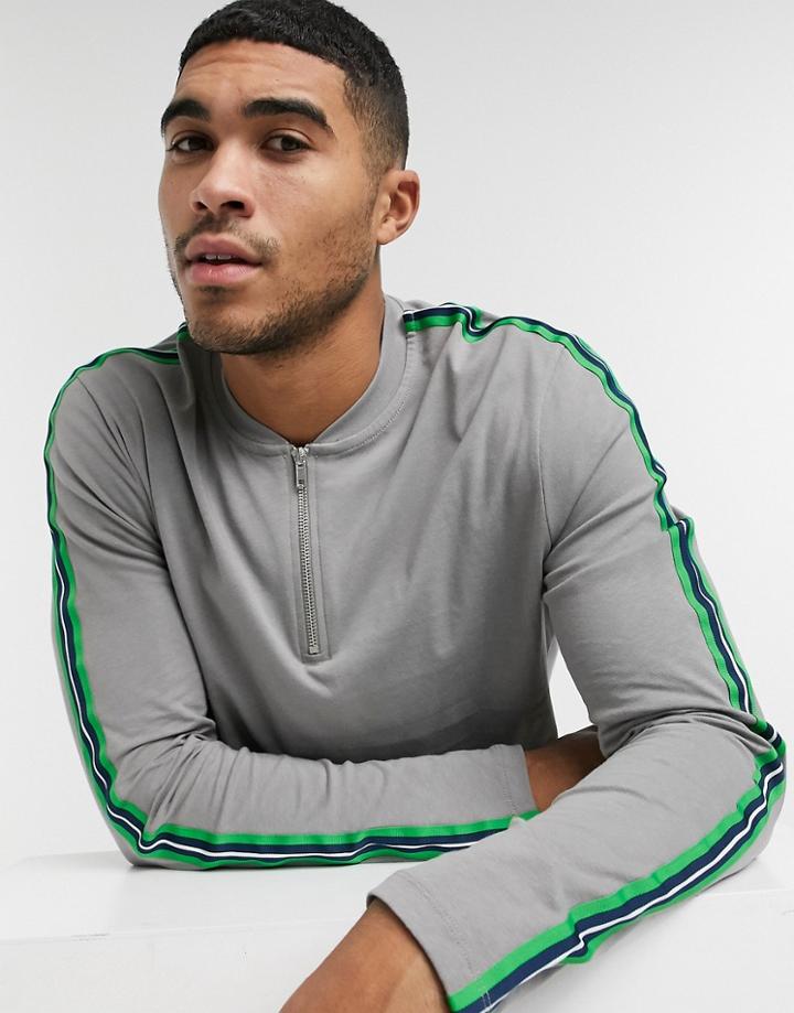Asos Design Long Sleeve T-shirt With Zip Neck And Sleeve Tape-grey