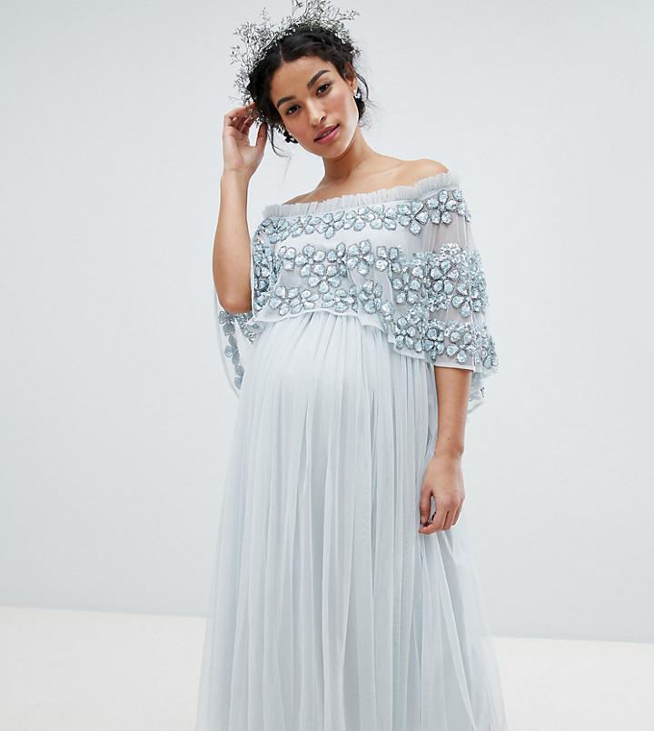 Maya Maternity Embellished Bardot Layered Midaxi Dress - Blue