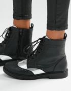 London Rebel Brogue Lace Up Ankle Boots - Black