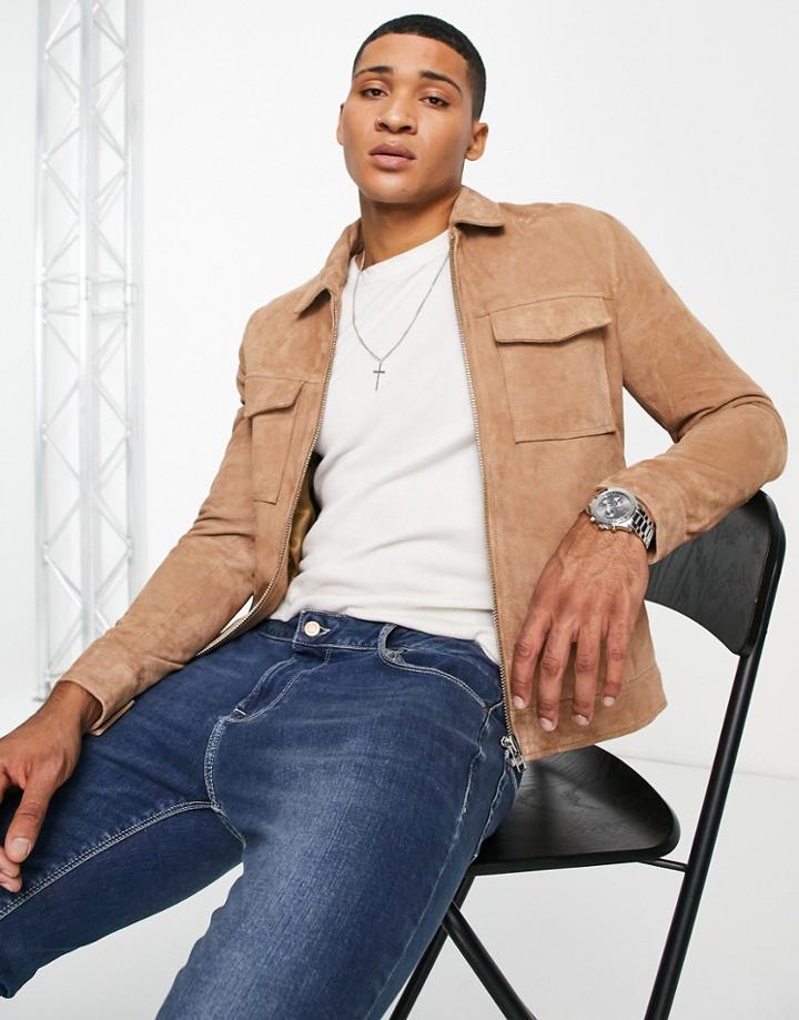 Barneys Originals Suede Full Zip Blouson Jacket In Stone-neutral
