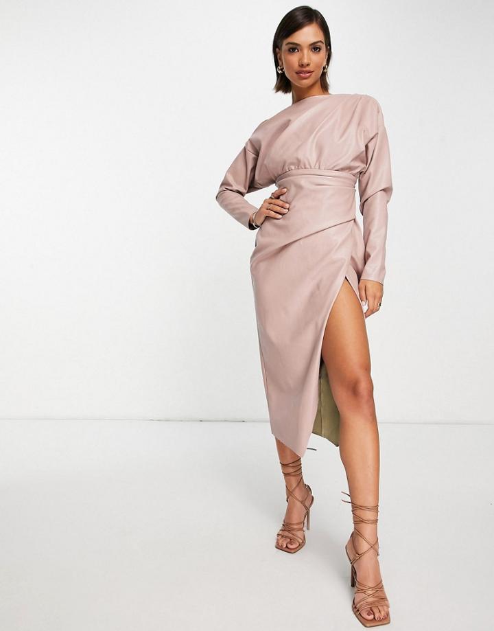 Asos Design Off Shoulder Pu Midi Dress With Tuck Detail Bodice In Blush-pink
