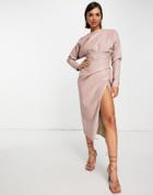 Asos Design Off Shoulder Pu Midi Dress With Tuck Detail Bodice In Blush-pink
