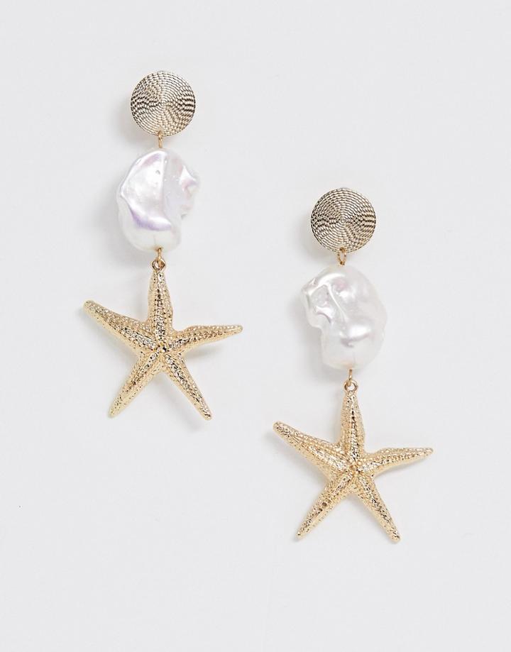 Asos Design Earrings With Faux Freshwater Pearl And Starfish Drop In Gold Tone - Gold