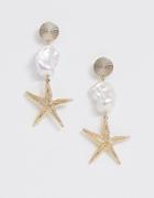 Asos Design Earrings With Faux Freshwater Pearl And Starfish Drop In Gold Tone - Gold