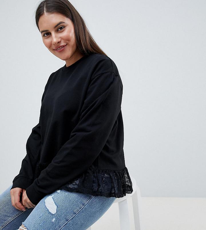 Asos Design Curve Sweat With Lace Hem - Black