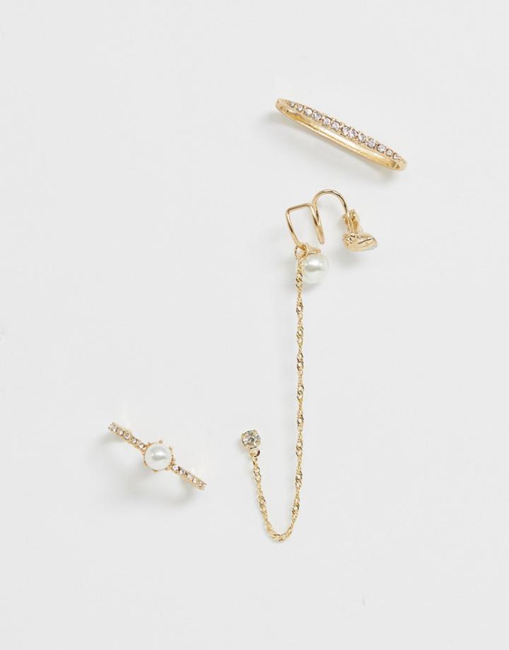 New Look Faux Pearl Drop Earring Stud And Cuff Set - Gold