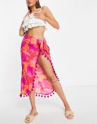 Asos Design Sarong Midi Skirt In Bright Blurred Floral With Tassels-multi