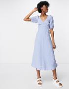 New Look Puff Sleeve Midi Tea Dress In Blue Gingham-blues