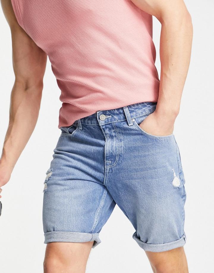 Asos Design Slim Denim Shorts With Abrasions In Mid Wash-blue