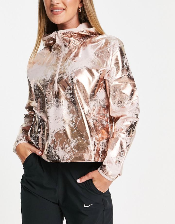 Nike Air Running Foil Printed Jacket In Rose Gold-pink