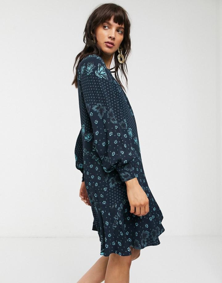 Whistles Diagonal Floral Printed Mini Dress-blues