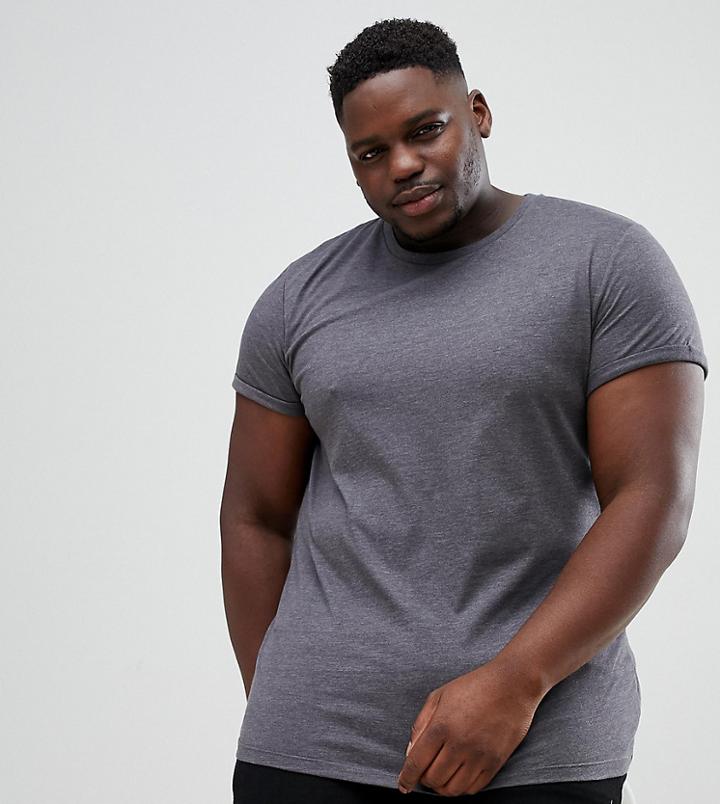 Asos Design Plus T-shirt With Crew Neck And Roll Sleeve In Charcoal Marl-gray