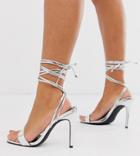 Truffle Collection Wide Fit Tie Leg Barely There Square Toe Heeled Sandals In Silver