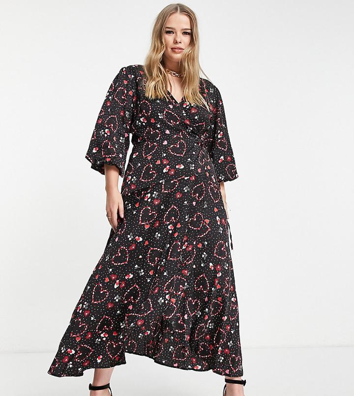 Liquorish Curve Valentine Midi Wrap Dress In Black Heart Print - Exclusive To Asos