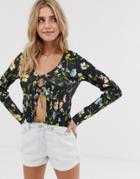 Asos Design Tie Front Plisse Top In Floral Print-multi