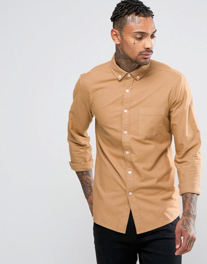 Asos Skinny Oxford Shirt In Camel - Tan