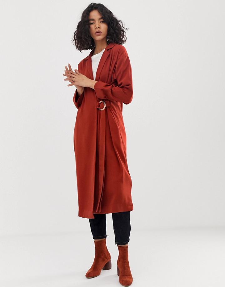 Asos Design Duster Coat With Faux Shell Trim Detail - Red
