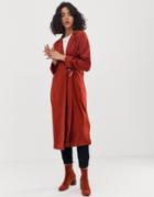 Asos Design Duster Coat With Faux Shell Trim Detail - Red