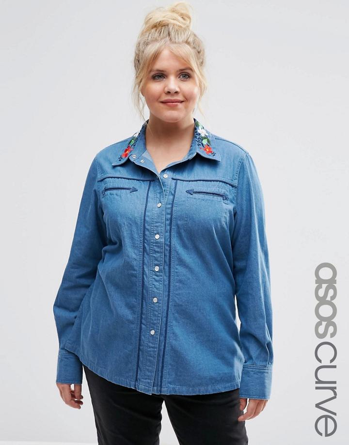 Asos Curve Denim Americana Shirt With Embroidered Collar - Blue
