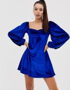 Asos Design Velvet Mini Dress With Sweetheart Neck - Blue