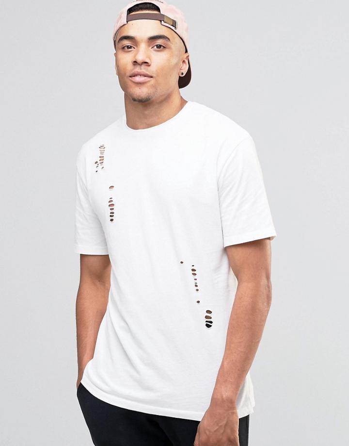 Jack & Jones Crew Neck T-shirt In Washed Cotton With Distressed Detail - Cloud Dancer