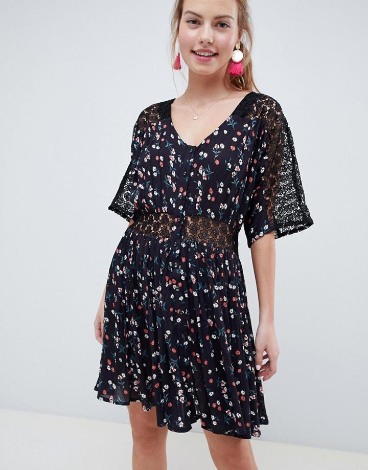 Asos Design Lace Insert Mini Casual Tea Dress In Ditsy Floral-multi