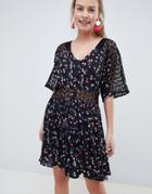Asos Design Lace Insert Mini Casual Tea Dress In Ditsy Floral-multi