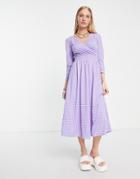 Only Wrap Midi Dress In Lilac And Pink Gingham-purple