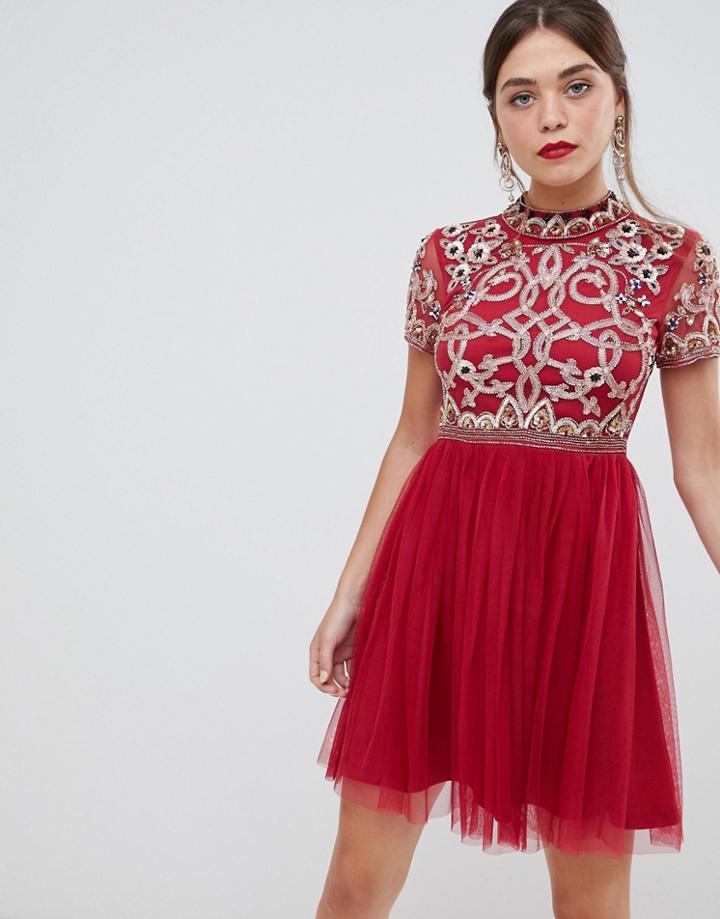 Frock & Frill 3/4 Sleeve Pleated Skater Dress With Embellished Upper Detail - Red