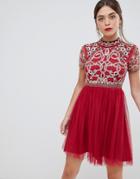 Frock & Frill 3/4 Sleeve Pleated Skater Dress With Embellished Upper Detail - Red