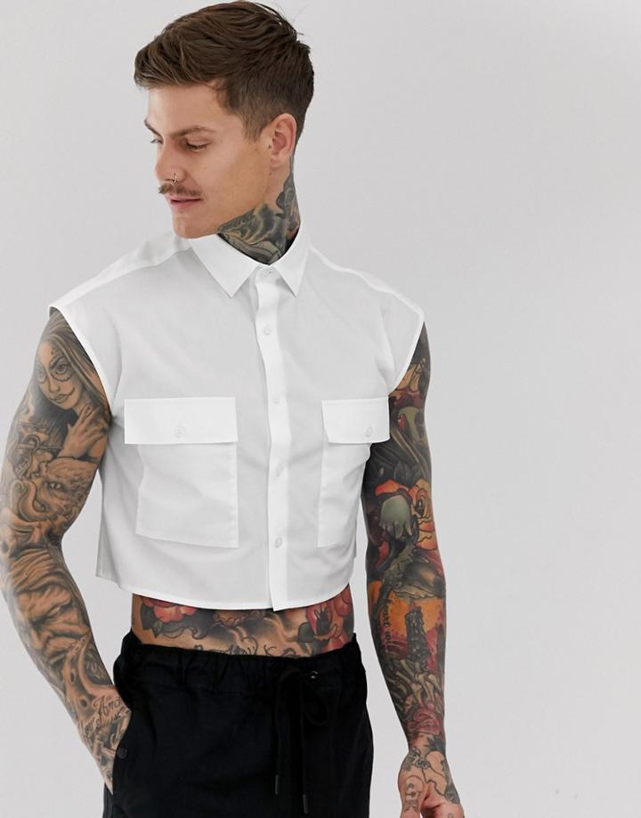 Asos Design Oversized Sleeveless Boxy Fit Shirt With Double Pockets In White