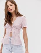 Fashion Union Tie Front Blouse In Gingham - Pink