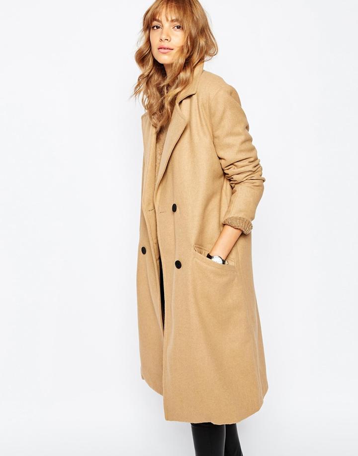 Vila Longline Double Breasted Coat - Camel