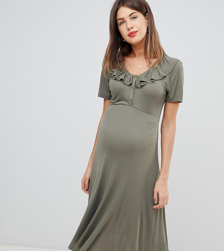 Asos Design Maternity Nursing Midi Rib Skater Dress With Faux Horn Buttons-green