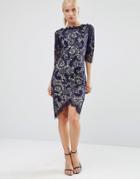 Jessica Wright 3/4 Sleeve Lace Pencil Dress With Contrast Lining - Navy