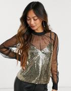 Forever U Textured Mesh Long Sleeve Top With Sequin Cami In Black And Gold