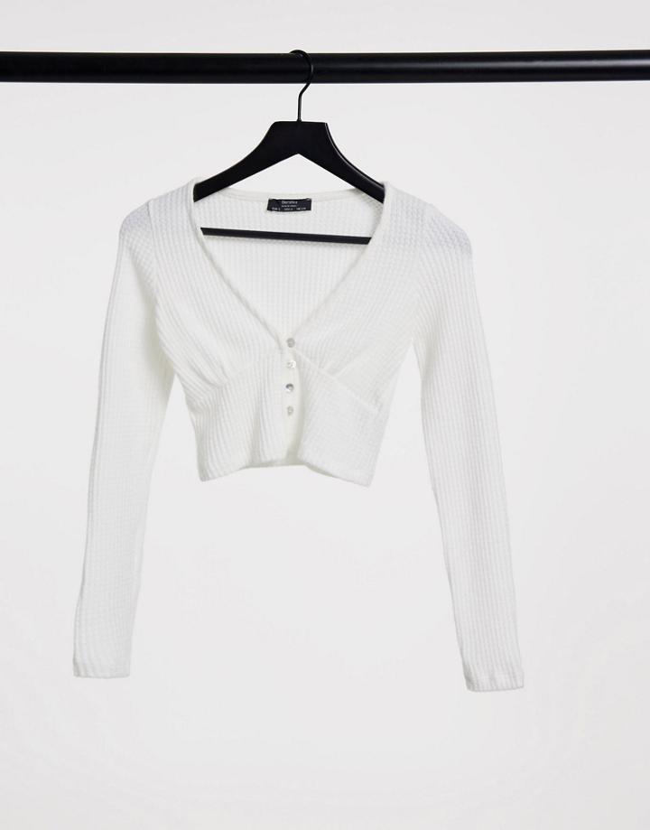 Bershka Waffle Long Sleeve Top In Ecru-white