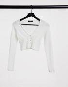 Bershka Waffle Long Sleeve Top In Ecru-white
