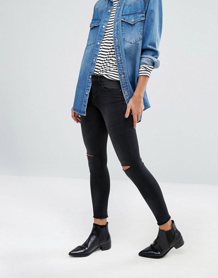 Only Royal Mid Waist Ankle Grazer Skinny Jeans With Ripped Knees - Gray