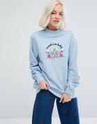 Lazy Oaf High Neck Sweatshirt With Weird Cat Lady Embroidery - Blue
