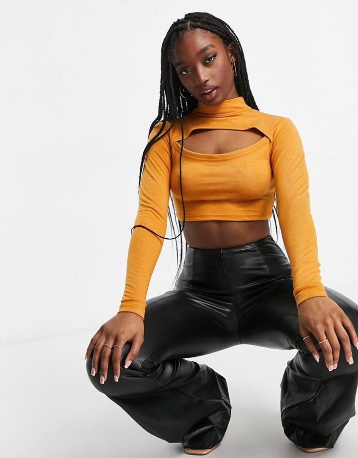 Unique21 Knitted High Neck Cut Out Crop Top In Gold Brown