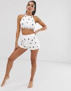 Asos Design Premium Beach Short With Palm Tree Embroidery & Crochet Trim Two-piece - White
