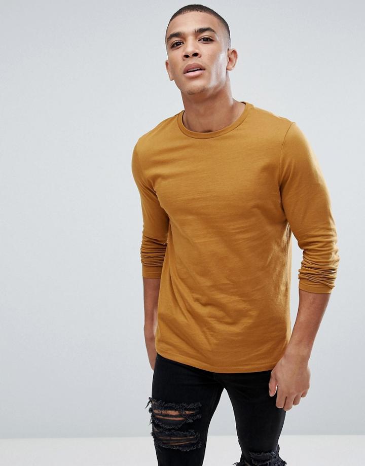 Asos Crew Neck T-shirt With Long Sleeves In Yellow - Tan