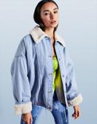 Asos Design Cotton Blend Denim Jacket With Borg Lining In Lightwash - Lblue-blues
